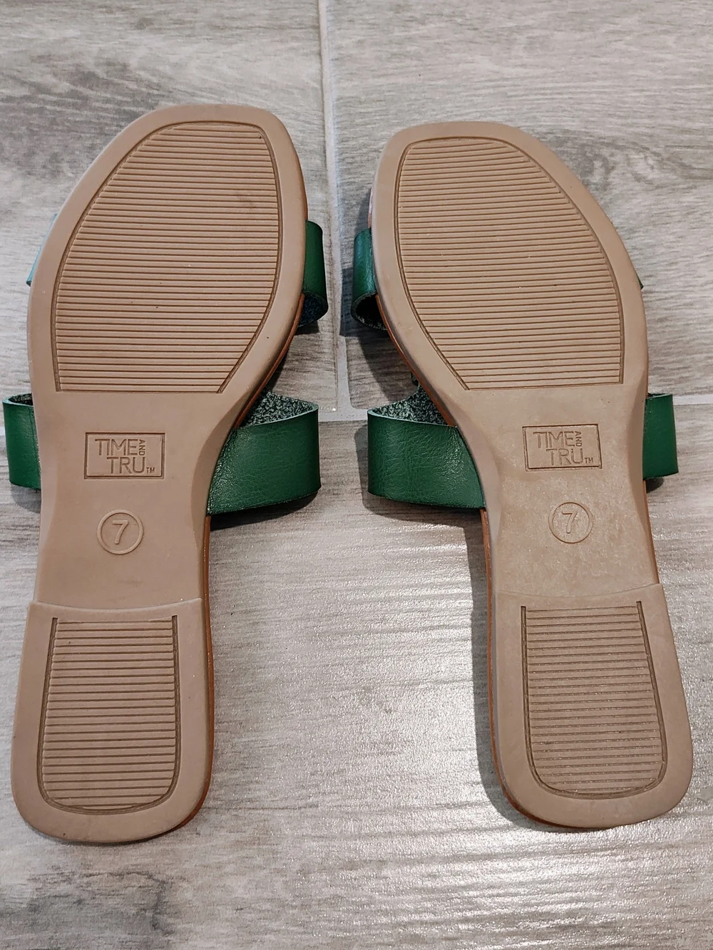 Time and Tru Green Slide Sandals with Silver Buckle Accent